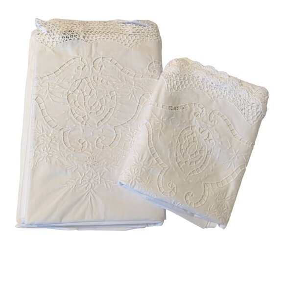 VTG NEW KEECO Sheets Hand-Embroidered White 3 Piece Set Sz Full Cottagecore 87' - Picture 8 of 13